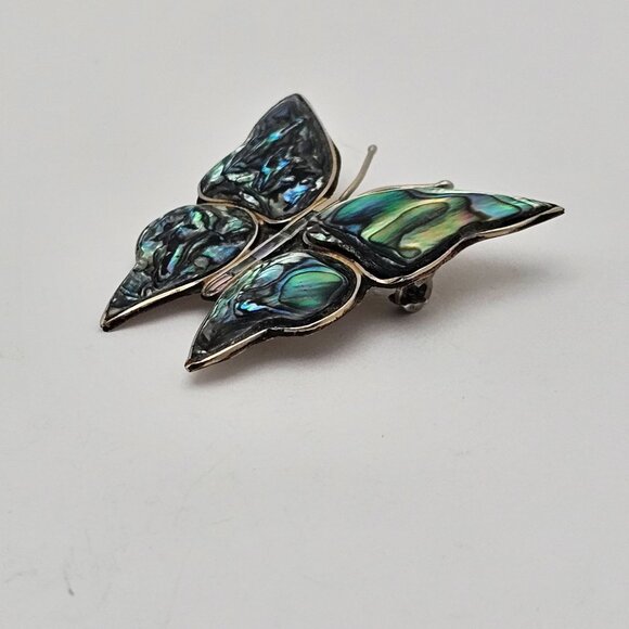 VTG Brooch Silver Tone Alpaca Iridescent Rainbow Abalone Shell Inlay Fairycore - Picture 10 of 16